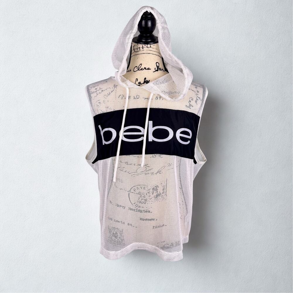 Bebe Sport Sleeveless Mesh Hoodie Y2K Era Sz XL Festival Layering Sporty Chic